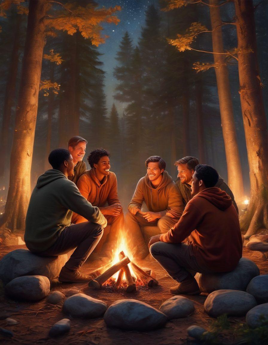A heartwarming scene of diverse men sharing laughter and deep conversations over a campfire, showcasing emotions of friendship and connection. In the background, a serene forest setting with a starry night sky, emphasizing intimacy and warmth. Use warm colors to evoke a sense of camaraderie. super-realistic. vibrant colors.