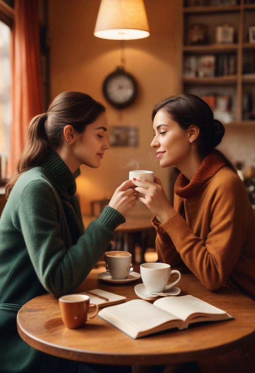 A cozy café setting with two diverse individuals engaging in deep conversation over coffee, surrounded by heart-themed decor and soft lighting, depicting authenticity and connection. Include elements like notebooks and steaming cups, symbolizing openness and shared experiences. The atmosphere should be warm and inviting, capturing the essence of modern dating culture. super-realistic. warm colors. soft focus.