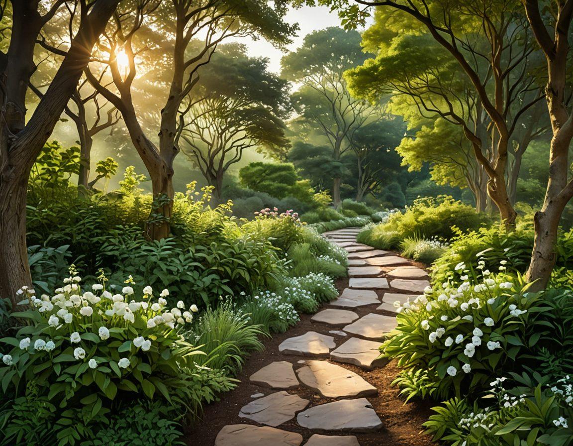 A serene landscape depicting a winding path through lush greenery, symbolizing the journey of intimacy and companionship. Scattered along the path are diverse pairs of people sharing moments of connection, strategizing over a map, and engaging in heartfelt conversations. Soft sunlight filters through the trees, casting warm glows on the scene, radiating a sense of comfort and trust. Incorporate elements of nature, like blooming flowers and gentle streams, to represent growth and healing. super-realistic. vibrant colors. tranquil ambiance.